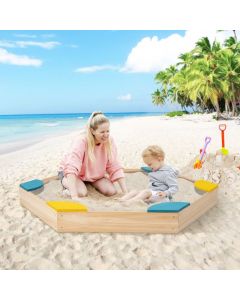 Wooden Sandbox with 6 Built-in Fan-shaped Seats and Bottomless Structure