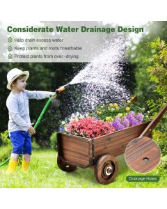 Wooden Wagon Planter Box with Wheels and Drainage Hole
