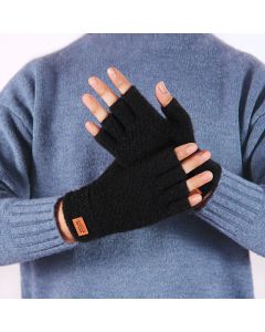1 Pair Imitation Alpaca Wool Fingerless Gloves Thermal Knitted Half Finger Mittens - Black