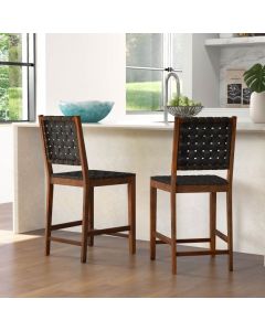 Woven Bar Stools Set of 2 with Faux PU Leather Straps