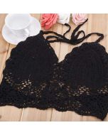 Womens Crochet Lace Bralette Knit Bra Boho Beach Bikini Halter Tank Crop Top - Black