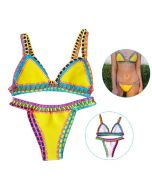 2pcs Women Sexy Handmade Crochet Halter Knit Bikini Swimsuit Set Size M - Yellow
