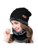 Beanie Hat Scarf Set Neck Cover Winter Warm Fleece Knitted Thick Ski Cap - Black