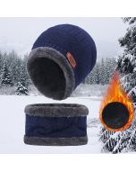 Beanie Hat Scarf Set Neck Cover Winter Warm Fleece Knitted Thick Ski Cap - Blue
