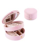 Round Jewelry Boxes Portable PU Leather Case 2 Layers Storage Organizer for Travel Home - Pink