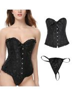 Women Overbust Boned Burlesque Bustier Top Lace-Up Costume Jacquard Corset with Thong - Size 4XL