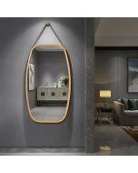 99 x 45cm Vintage Oval Hanging Makeup Mirror Adjustable Leather Strap Rectangle Natural Bamboo