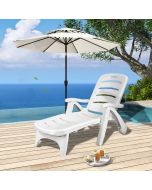 Folding White Sun Lounger Recliner Chair Beach Pool Seat with Wheel