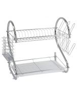 2 Tier Dish Drainer Rack With Cutlery Rack Holds Plates Mugs Cups Anti Slip Chrome Finish