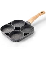 Metal Round Egg Frying Pan Square Pan for 4 Eggs with Wooden Handle